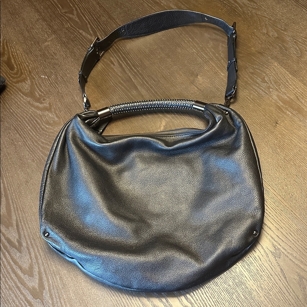 Kenneth Cole Hobo Bag Black Leather Studded Shoulder Strap Removable Crossbody